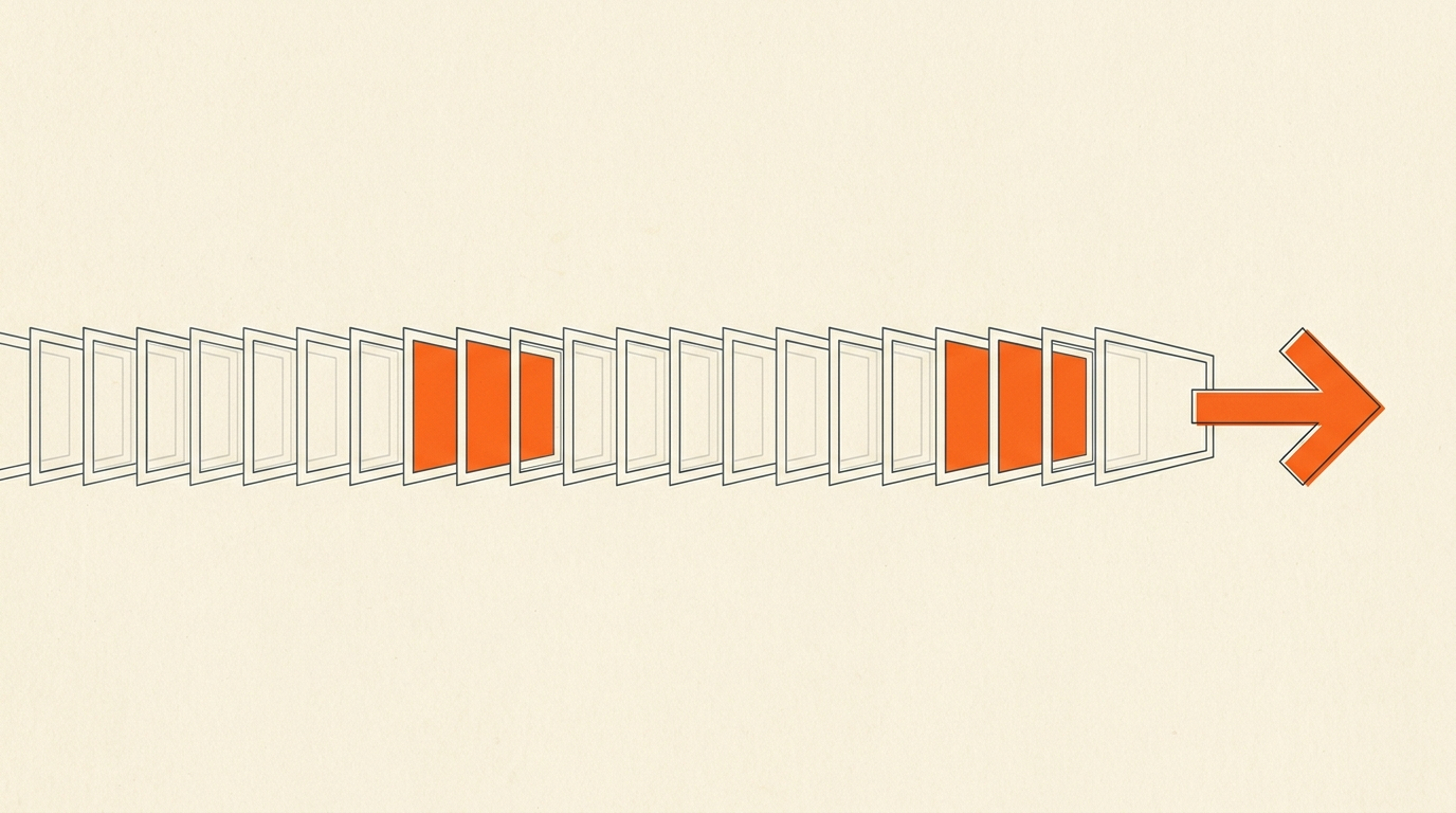 A filmstrip timeline with most frames faded and only a few kept selects highlighted in orange