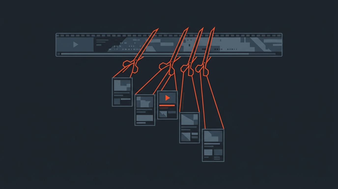 Editorial illustration of one long video strip splitting into short clips