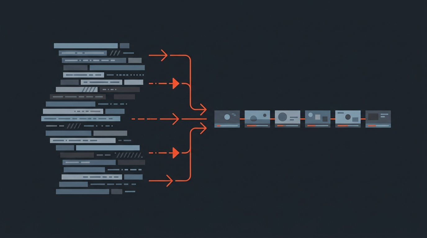 Editorial illustration of transcript text lines turning into a video timeline