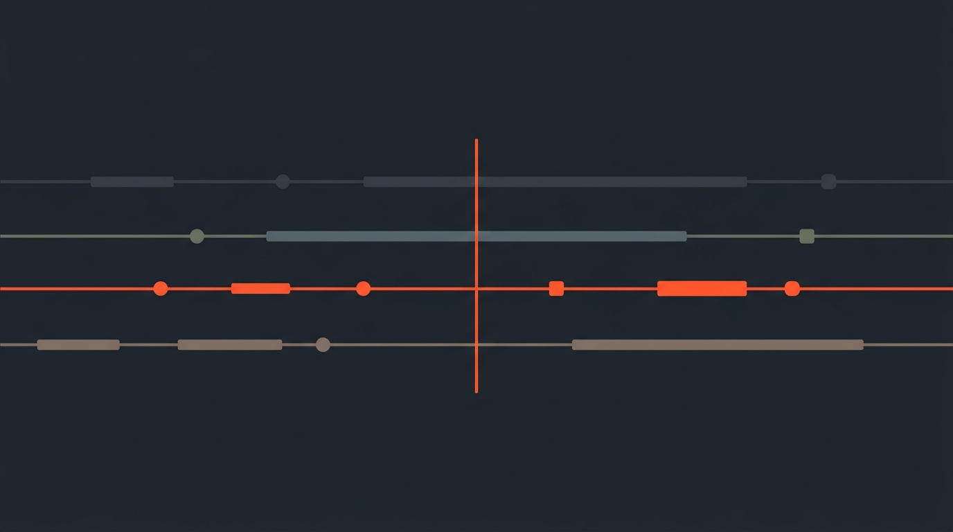 Four synchronized timeline tracks aligned to one sync point, illustration