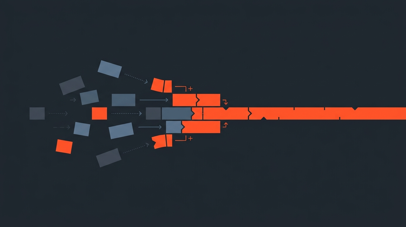 Scattered clip blocks assembling into one unified orange timeline bar, illustration