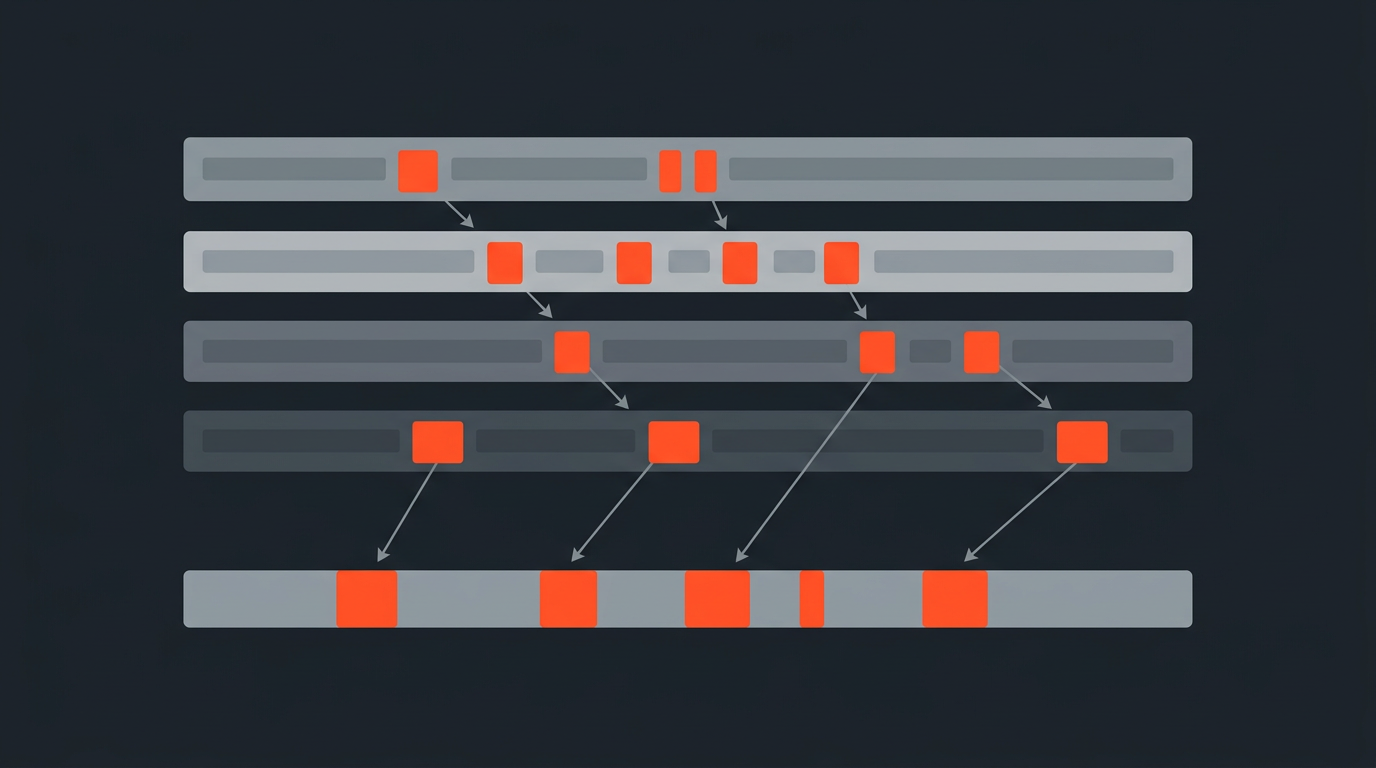 Editorial illustration of multiple speaker track bars with orange selected segments converging into a single edited timeline