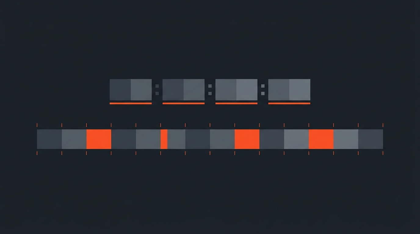 Editorial illustration of a video timeline divided into frame segments with timecode notation blocks on a dark background