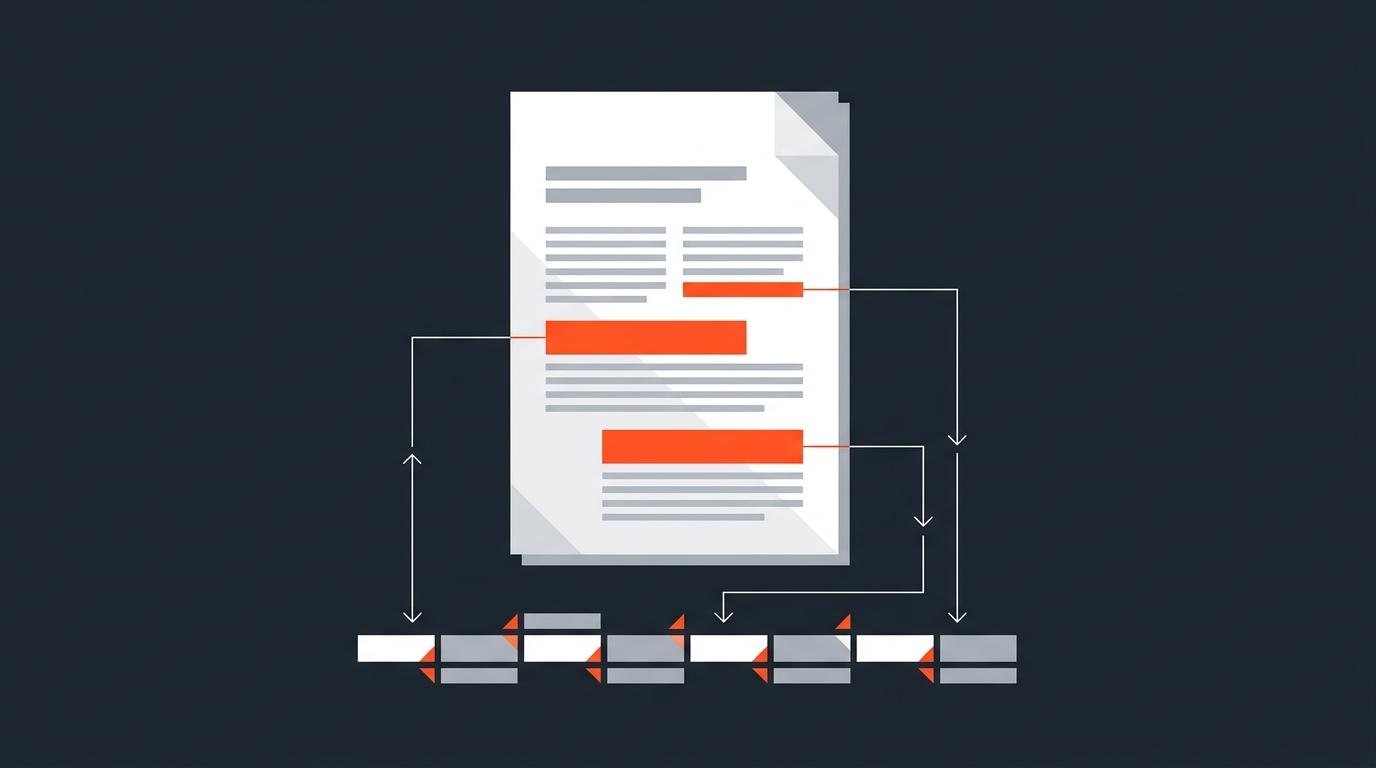 Editorial illustration of a printed transcript page with highlighted selected lines connected by arrows to a timeline, representing a paper edit