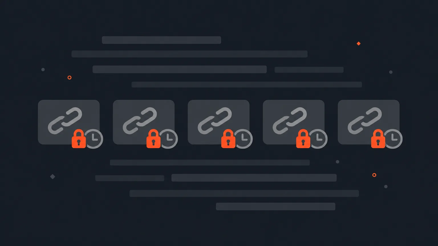 Simple geometric illustration of link shapes with lock and clock icons over faint transcript bar lines, representing account-wide rules for client links
