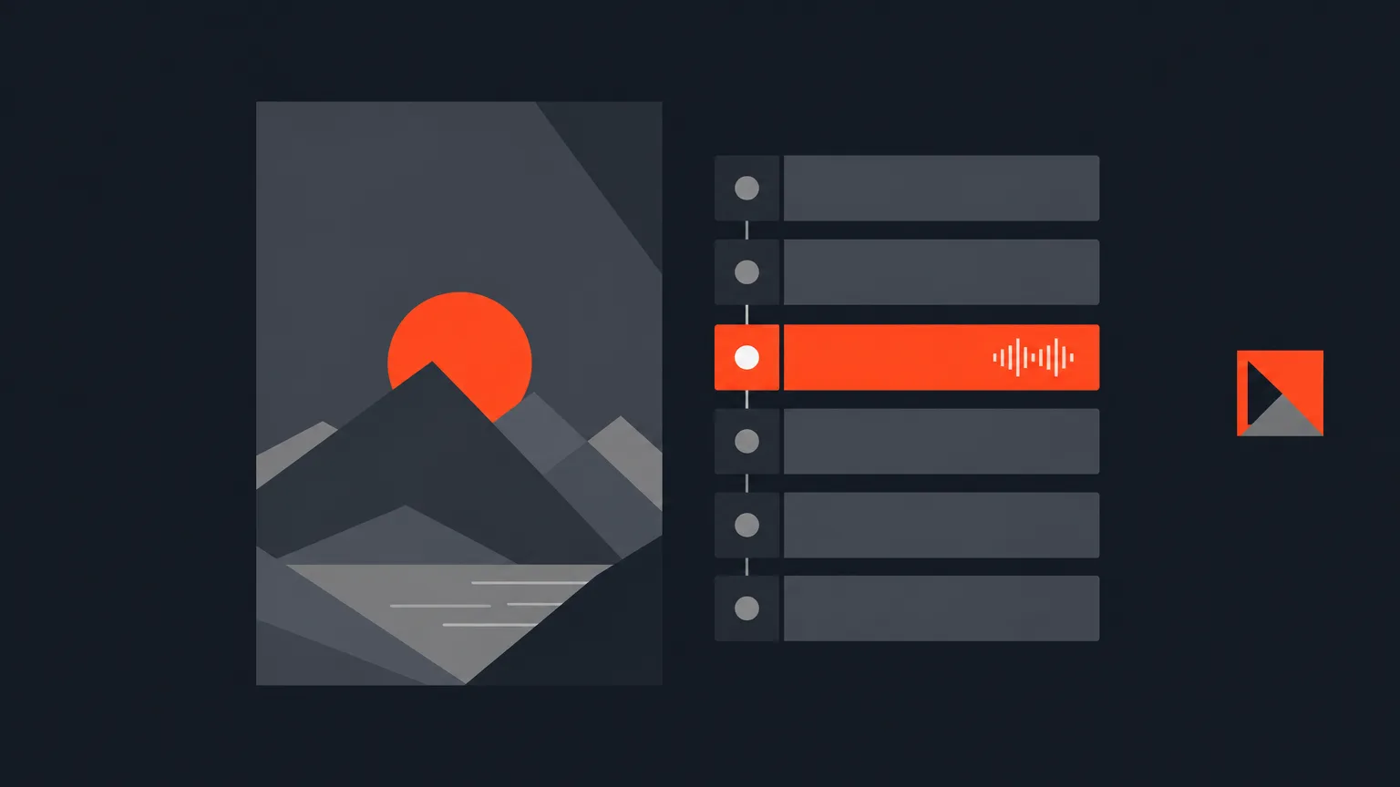Diagram of a video frame with a small logo square on the right edge and a stack of numbered step bars beside it, one bar containing a waveform icon for music.