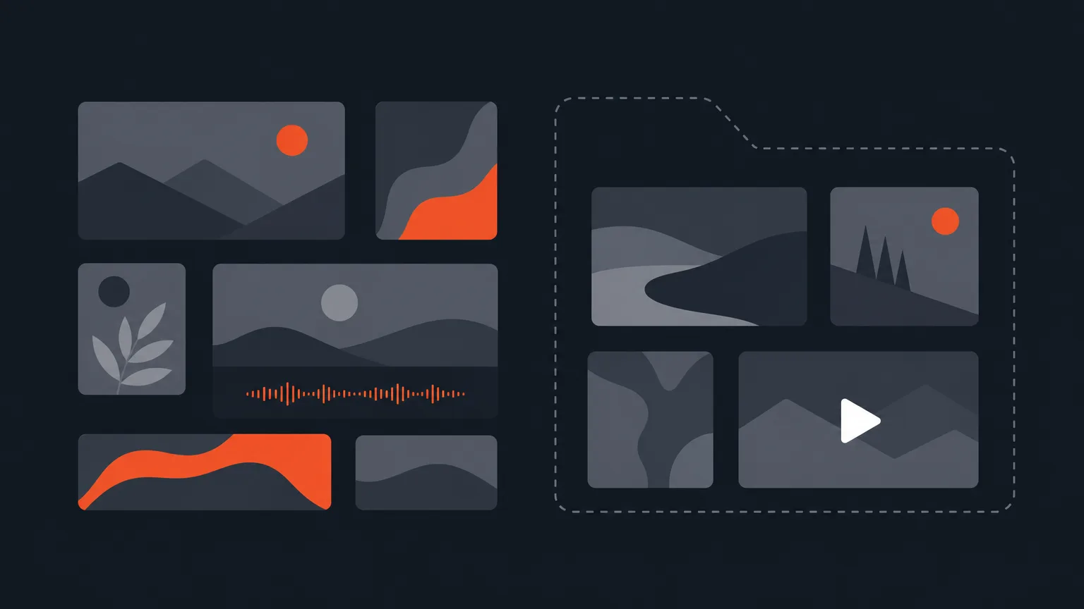 Simple geometric illustration of a media gallery grid with folders, a waveform thumbnail and a play icon on a video thumbnail