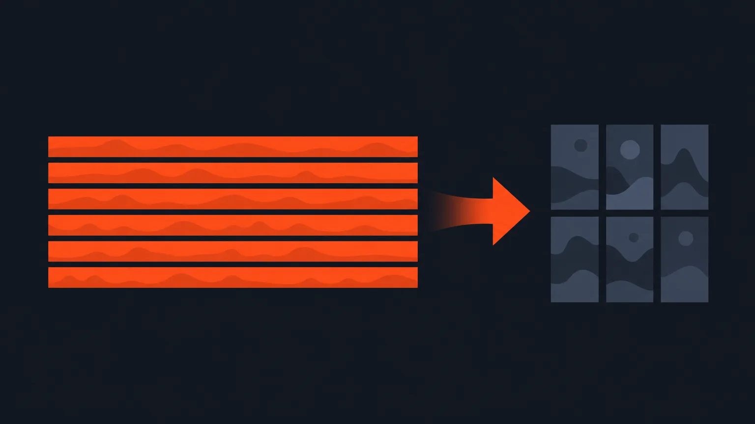 Orange transcript bars flowing into an arrow that points to a stack of smaller indigo vertical clip frames.