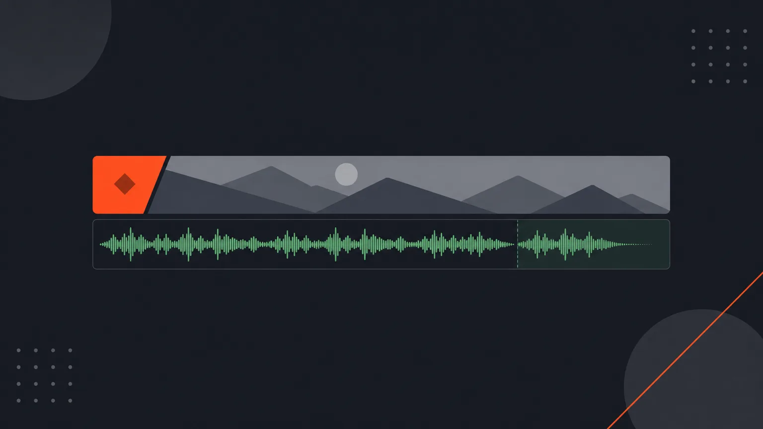 A green music waveform bar aligned under a video timeline block, fading out at the end.