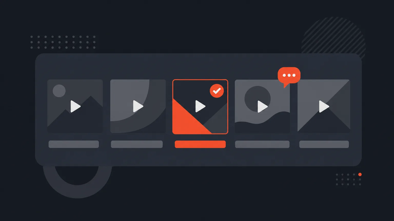 Illustration of a client approval link page showing rows of clip cards with captions, one marked approved and one marked with a change request