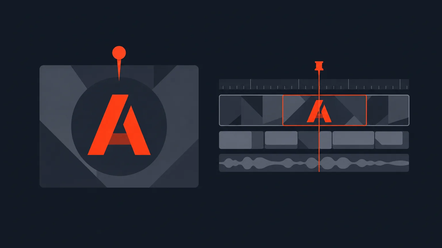 Illustration of a matching geometric letterform appearing on both a cover panel and a video timeline block, with a pin icon above it.