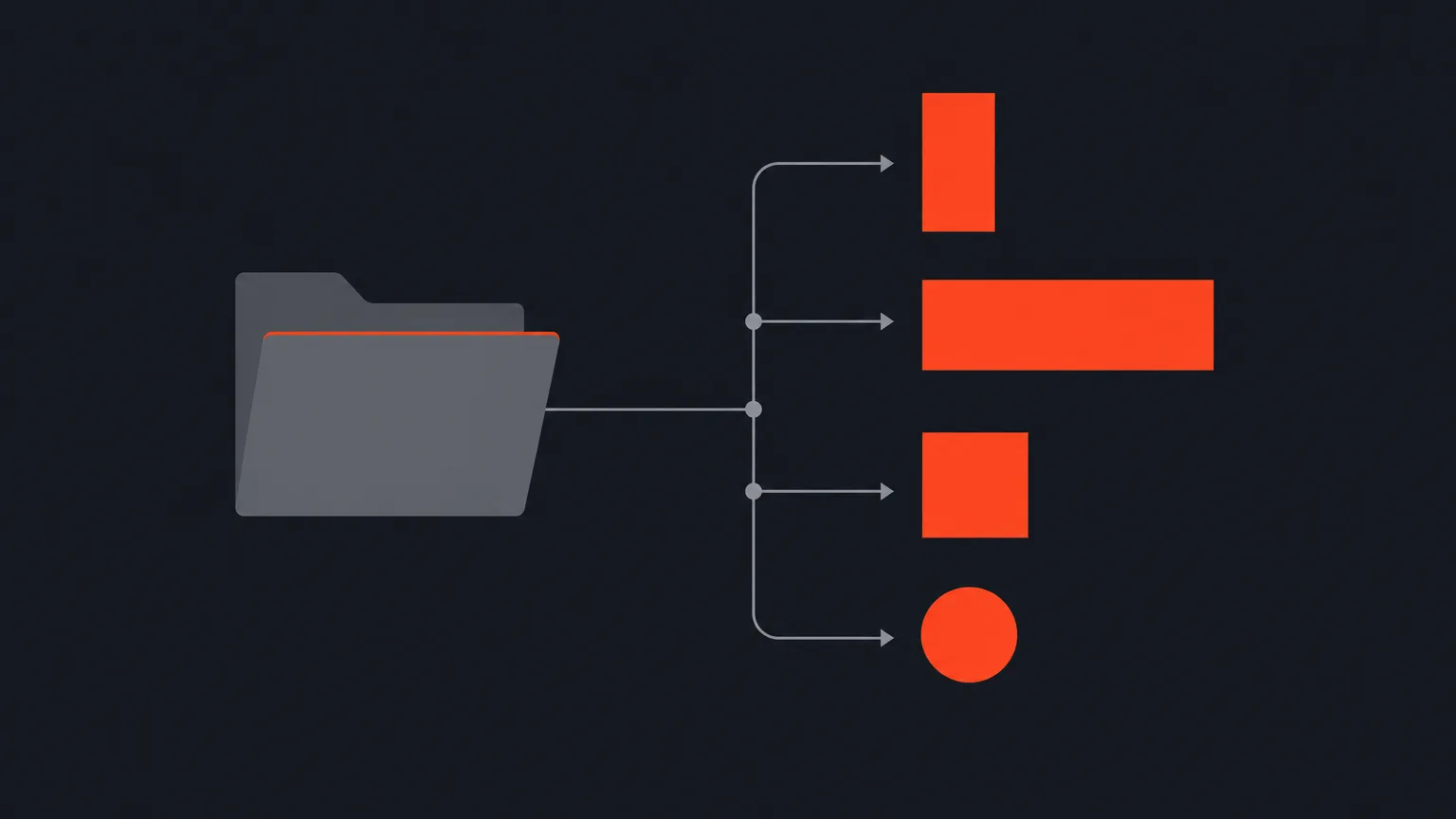 Diagram of one client folder linked to several differently shaped clip outlines sharing the same accent colour and a small logo mark.