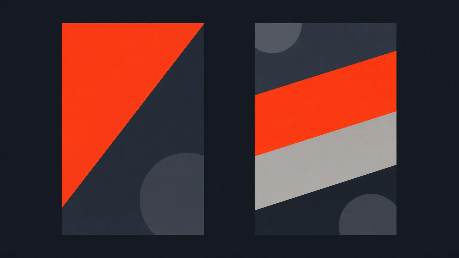 Two vertical frames illustrated with geometric shapes: one split diagonally into two panels, the other divided by slanted lines into three bands.