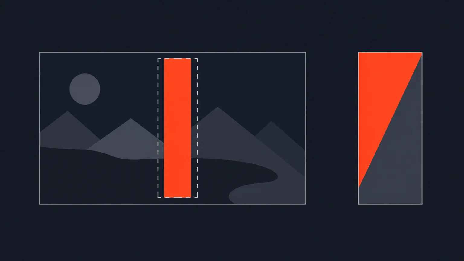 A wide frame with a vertical crop tracking a speaker bar inside it, next to a vertical frame split diagonally into two panels.