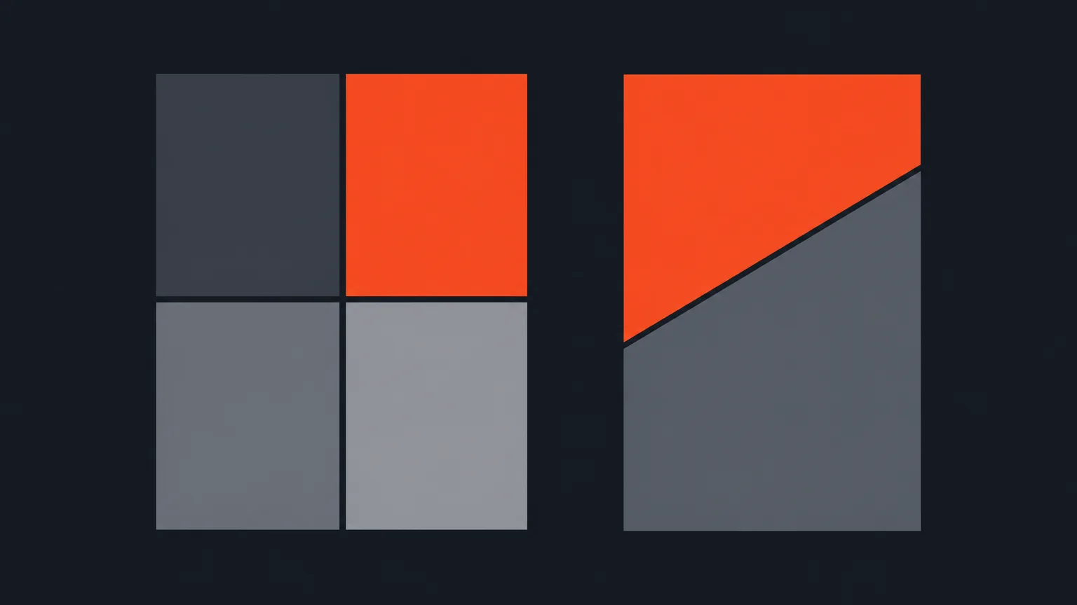 Vertical frame divided into panels showing standard and diagonal split screen layouts as simple geometric shapes