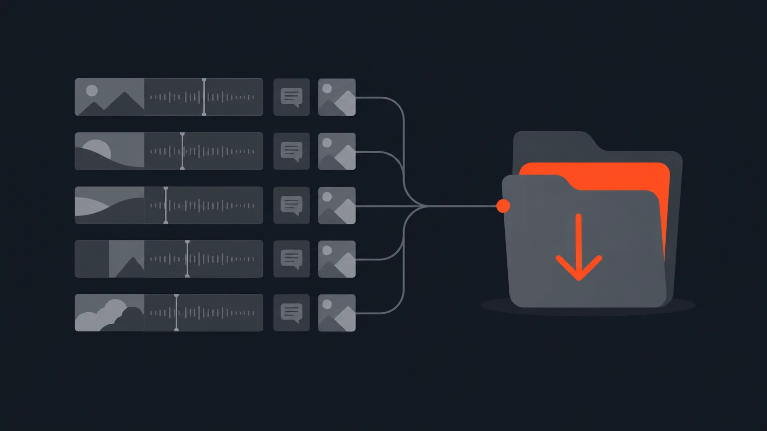 Geometric illustration of clip blocks and caption tags flowing into a folder with a download arrow