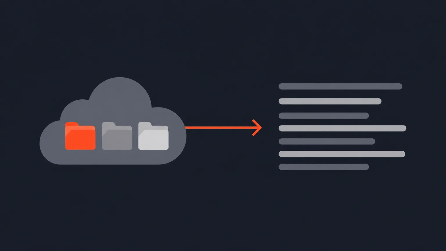 Geometric illustration of a cloud with folder icons connected by an arrow to a row of transcript line bars