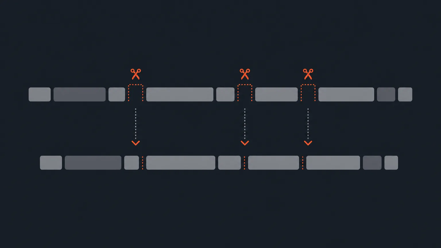 Row of transcript bars with long gaps marked for removal and a timeline strip below showing the trimmed result with short natural gaps remaining