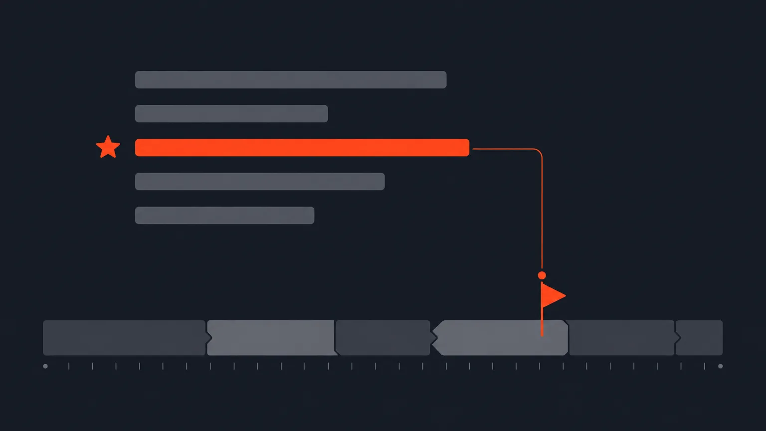 Transcript line bars with one starred line connected to a marker on an exported timeline block