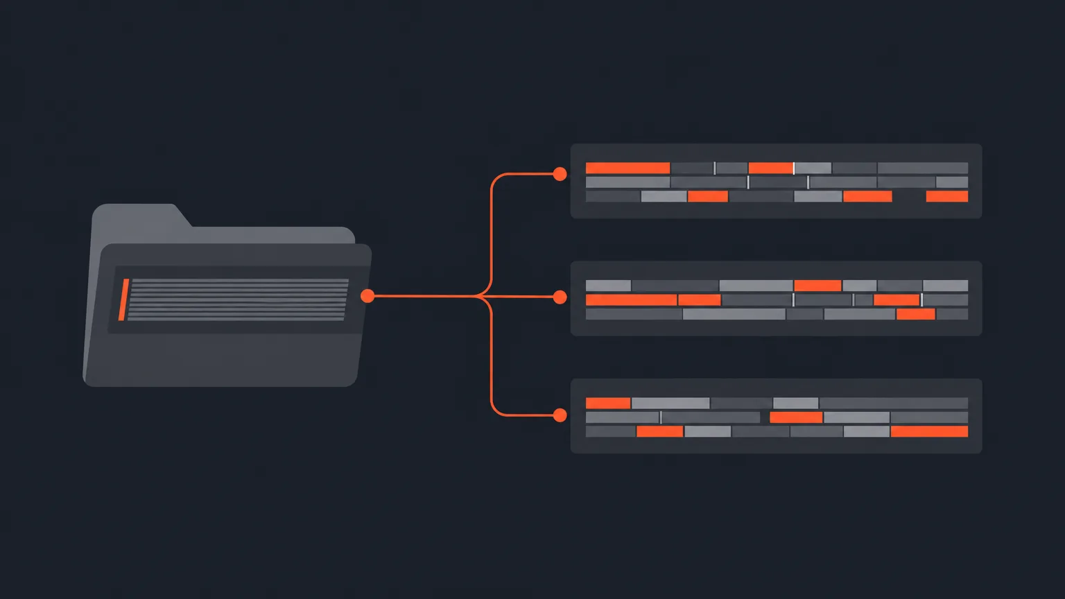 Diagram of one master transcript bar inside a folder branching into three separate timeline edits
