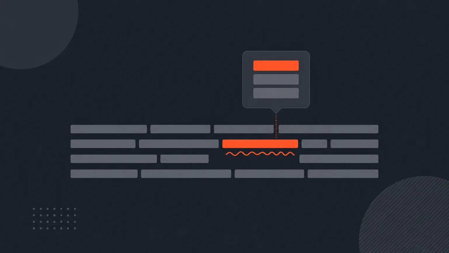 Illustration of transcript lines represented as bars, with a wavy underline beneath one segment and a small popover showing suggested corrections.
