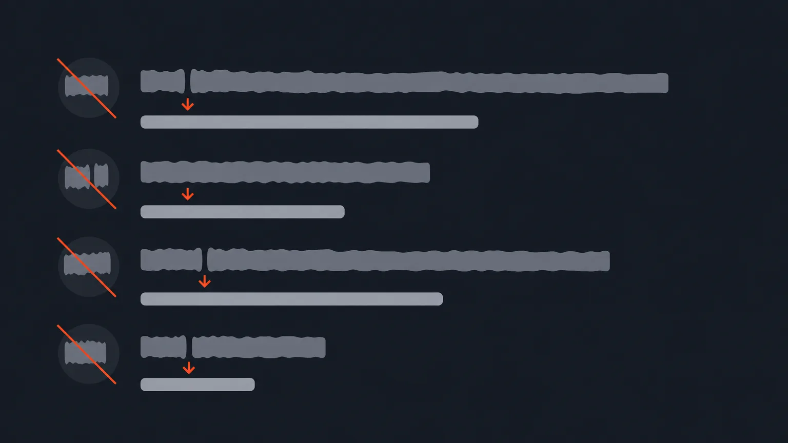 Rows of transcript bars with rough, doubled segments crossed out above cleaner, shorter replacement bars.