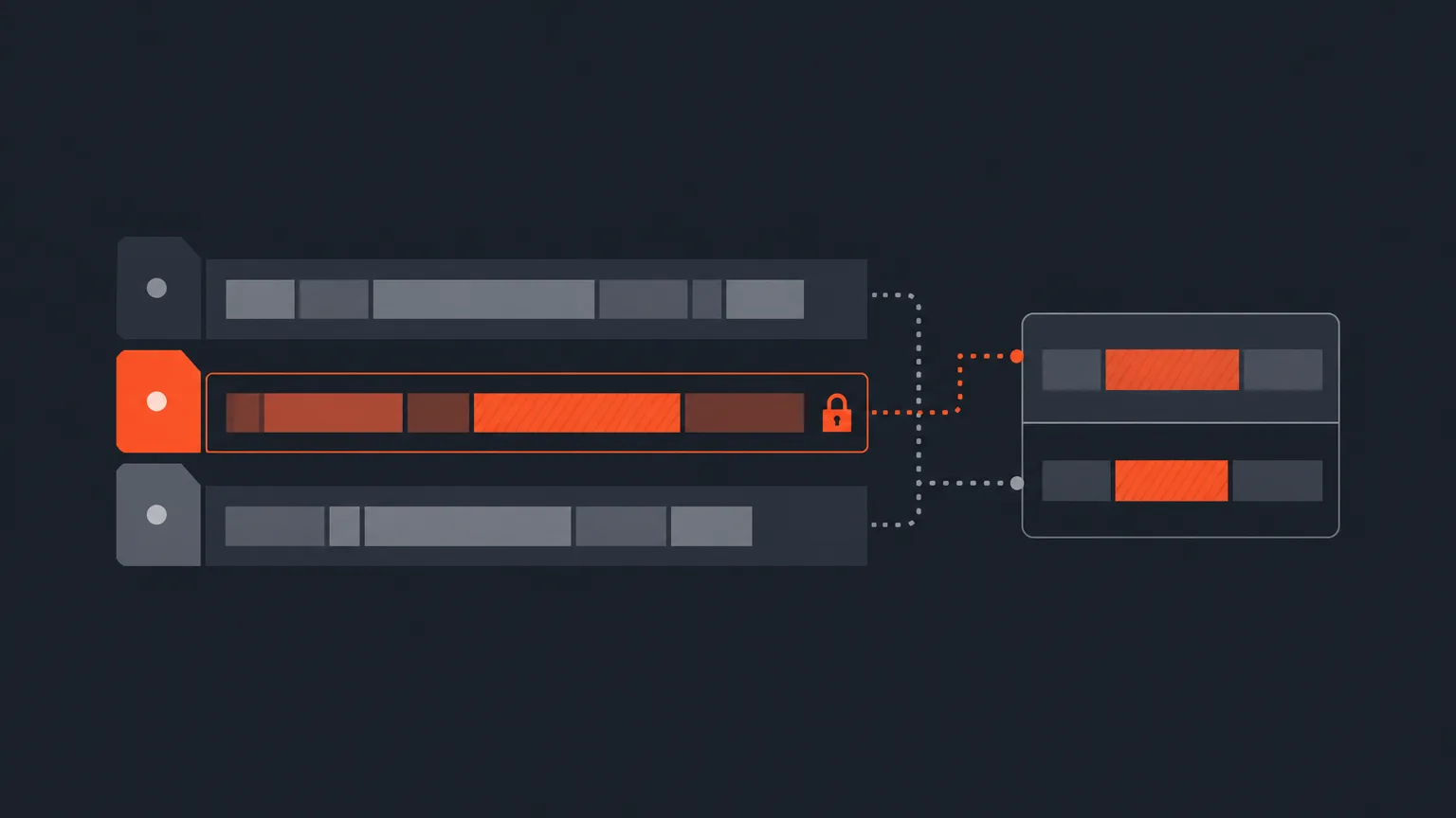 Two parallel timeline tracks branching from a transcript, one shown as an earlier locked version and one as the current active version