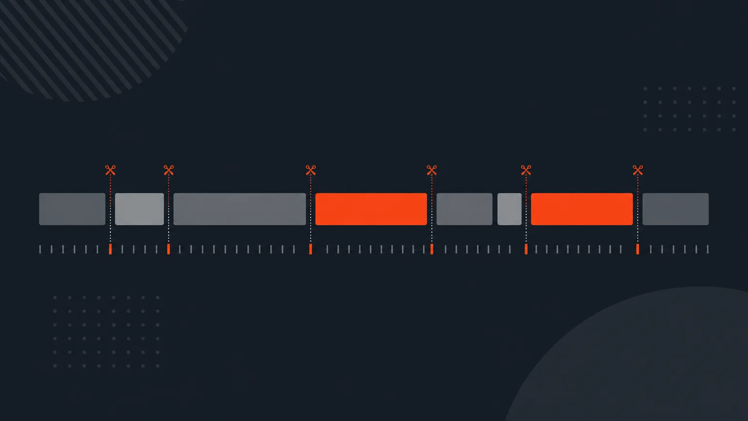 Timeline of trimmed clip blocks with subtitle cue marks aligned beneath them