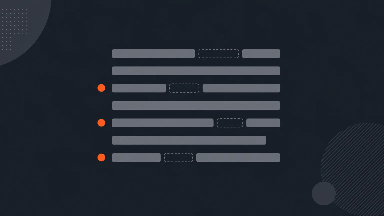 Rows of transcript bars with a few faded, dotted segments marked by amber dots, representing filler words being removed from the text.