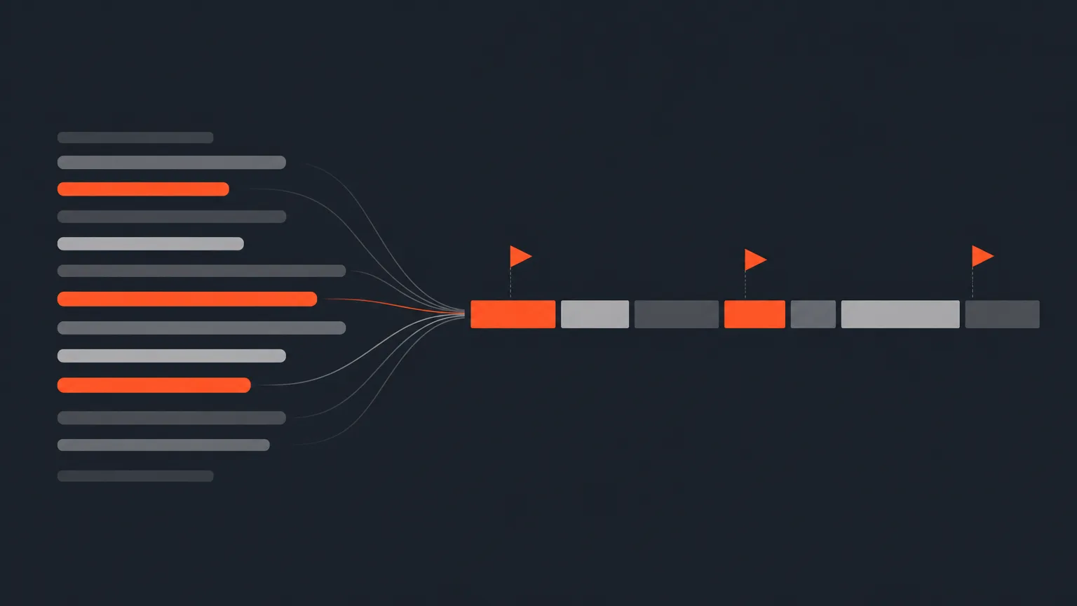 Transcript lines transforming into a frame-accurate timeline of trimmed clips with marker flags