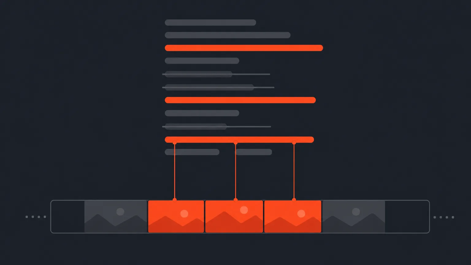 Diagram showing highlighted transcript text lines connecting down to matching colored blocks on a video timeline, representing transcript-based editing