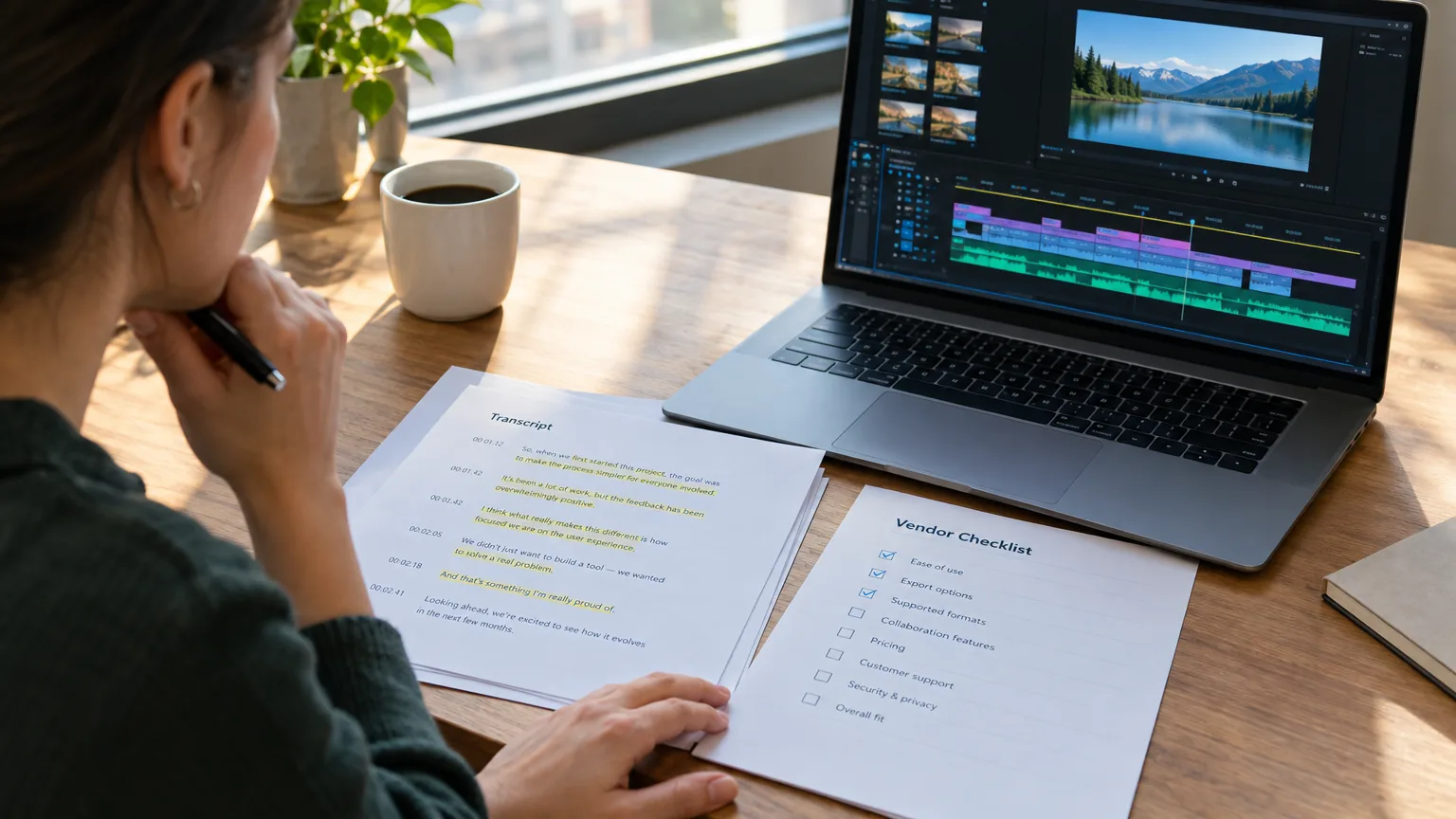 A highlighted transcript page next to a printed checklist and a laptop timeline, representing the evaluation stage before switching to a transcript-based editor.