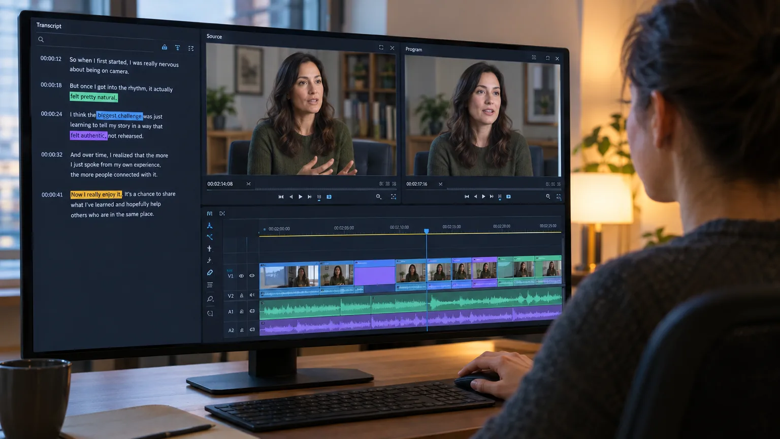 Wide shot of DaVinci Resolve interface with transcript panel, viewers, and timeline glowing in a dim room