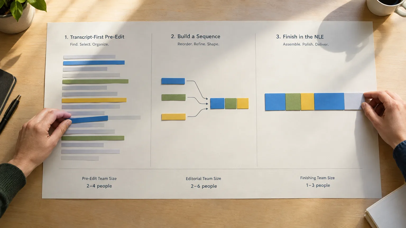 Abstract diagram showing transcript bars reordering into blocks on a timeline, representing a documentary editing pipeline.