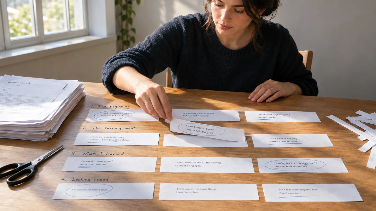 A highlighted transcript page in the foreground with an out-of-focus video editing timeline on a monitor behind it.