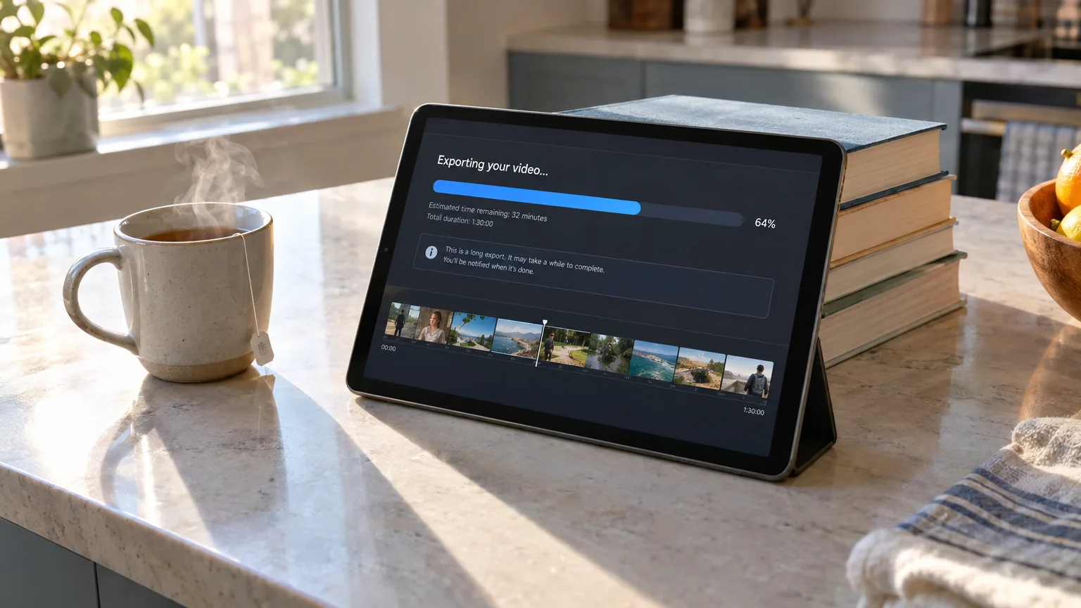 ScriptCut Review screen showing a long Edited Video export with a live progress percentage