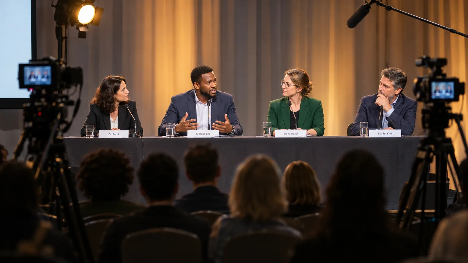 Four panelists on a conference stage being filmed by multiple cameras during a panel discussion.