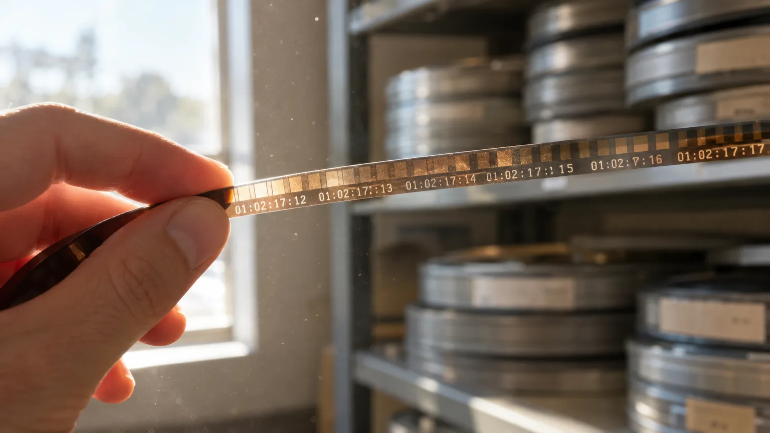 Extreme close-up of a hand holding a vintage tape leader strip printed with frame-count numbers, backlit by window light.