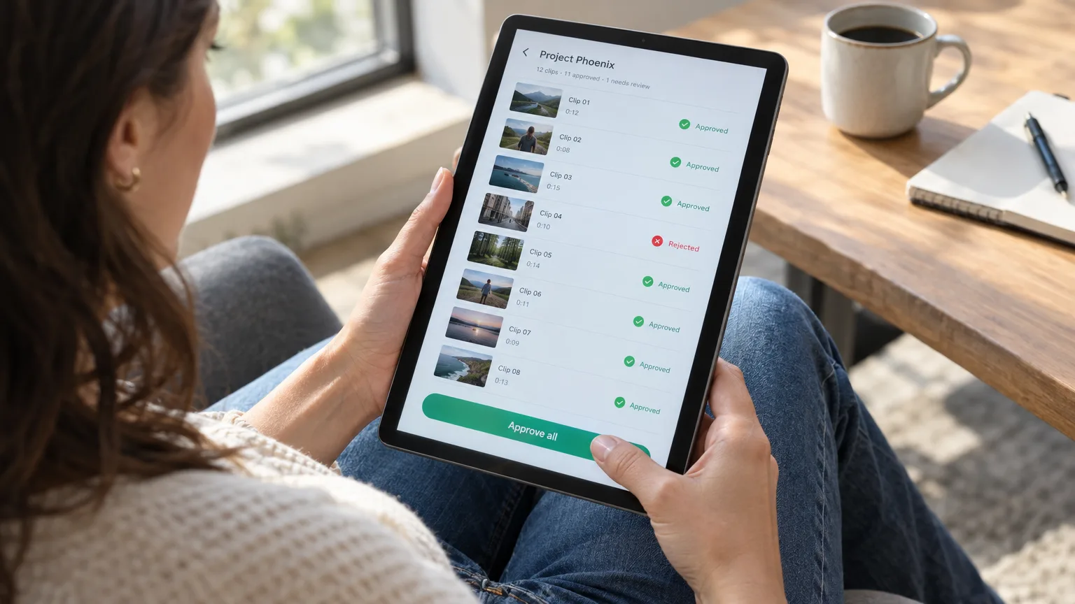 Kit Page showing a project with several clips and an Approve all button being clicked