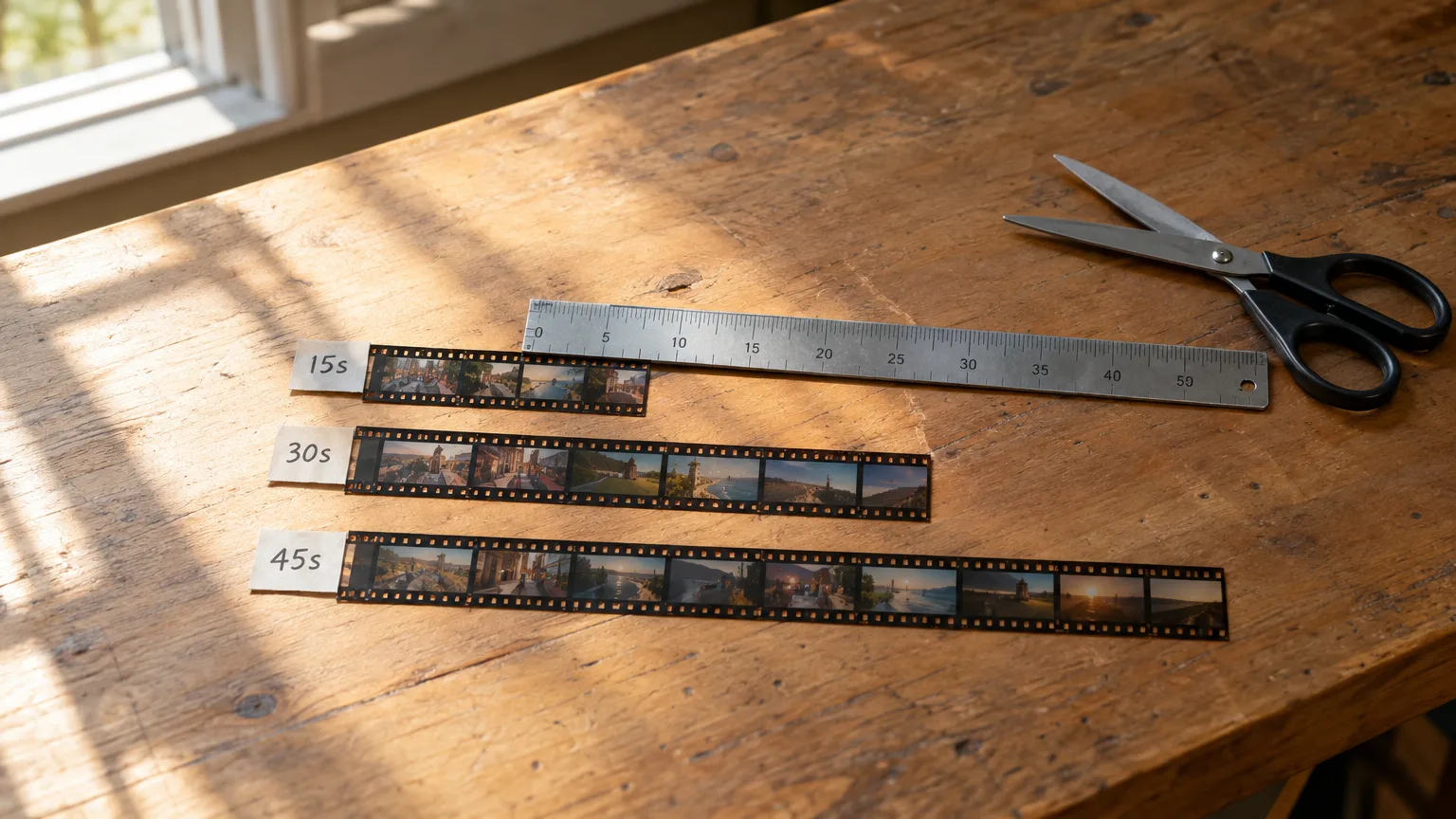ScriptCut Social clips panel showing a 45 second runtime setting and a row of clips with matching lengths