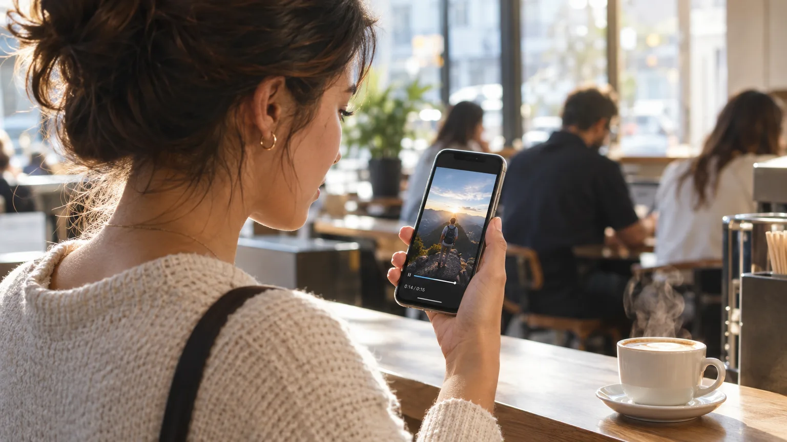 Phone screen playing a vertical video clip with a rising performance graph overlaid, representing AI Clips learning from real post results