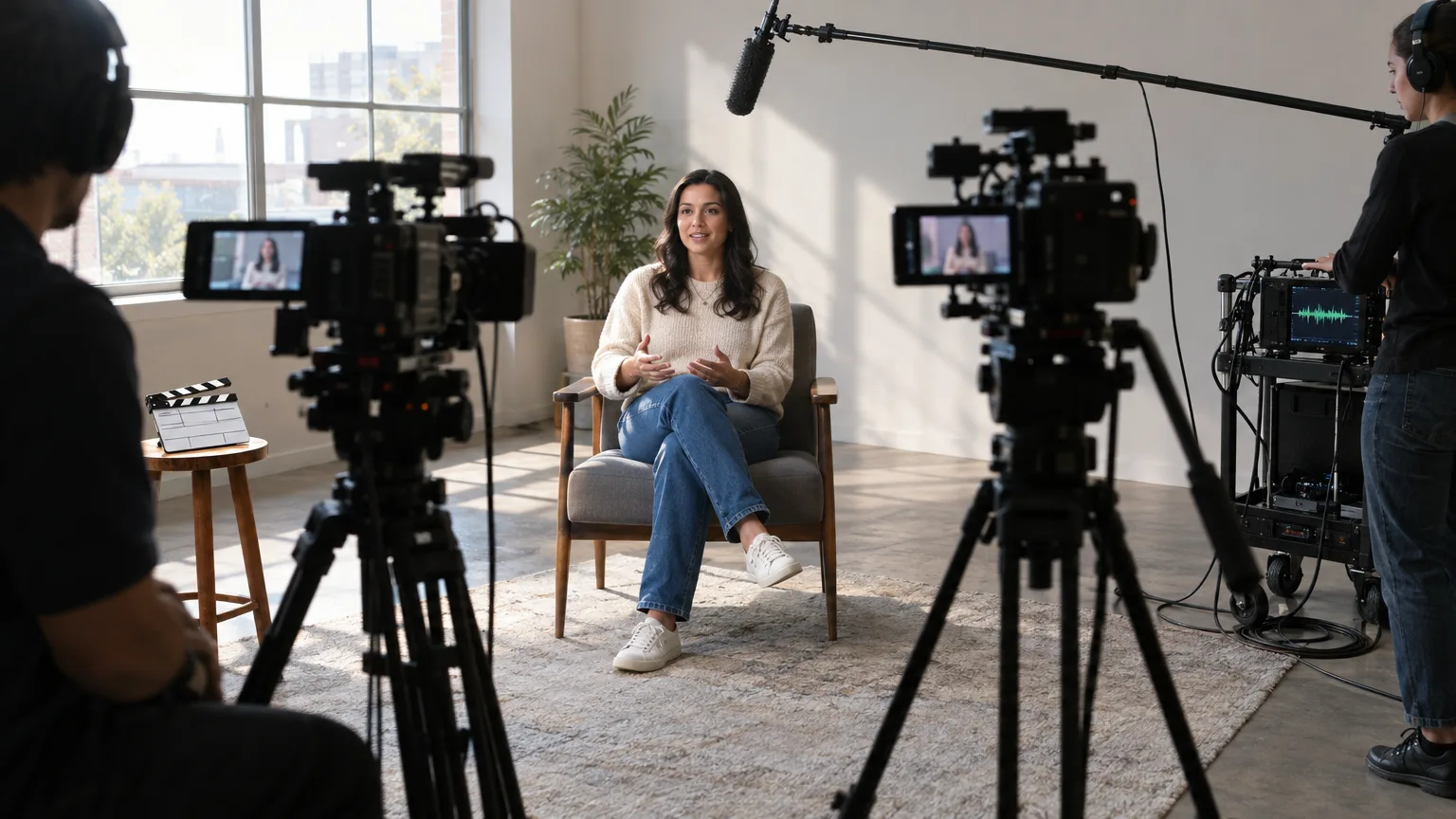 Two synced cameras at different angles filming a seated interview subject with boom mic and clapperboard nearby.