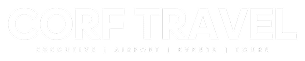 CORF TRAVEL white logo text for executive, airport, events, and tours services.