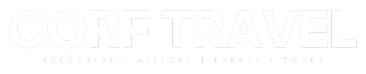 CORF TRAVEL logo with the words Executive, Airport, Events, Tours below in white on black background.