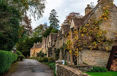 Row of cottages, in traditional Cotswold honey-dewed stone, wrapped in climbing flowers.