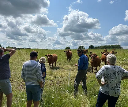 Jeremy Isles talking to tour guests on Leafield Farm infront of some grazing cattle