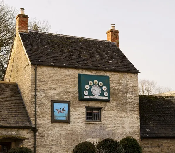 Stone building with clock featuring bird illustrations and a framed bird painting on the wall.