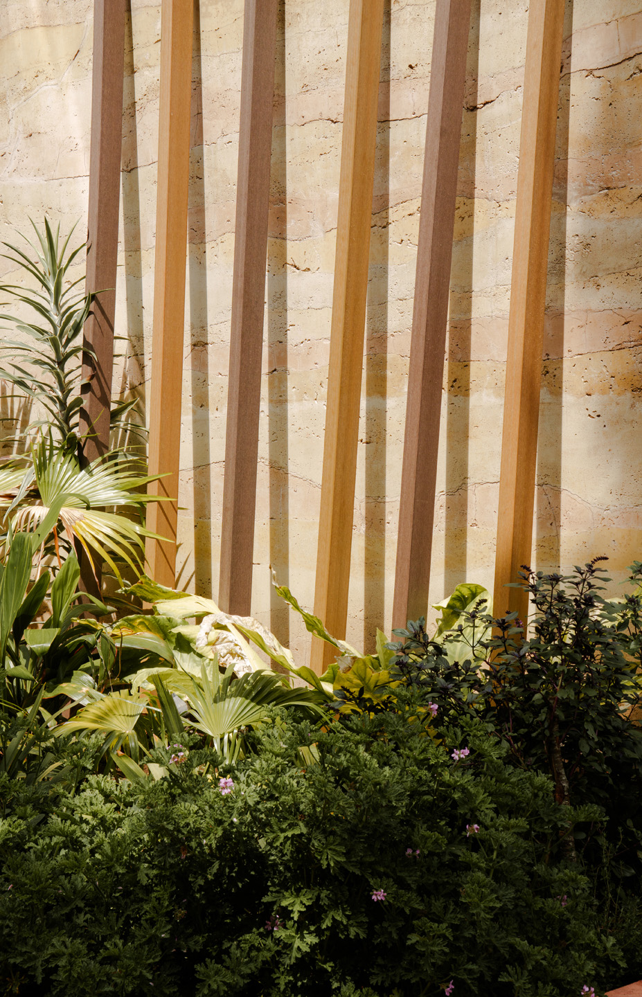 Plantas verdes y con flores frente a un muro beige con vigas de madera verticales.