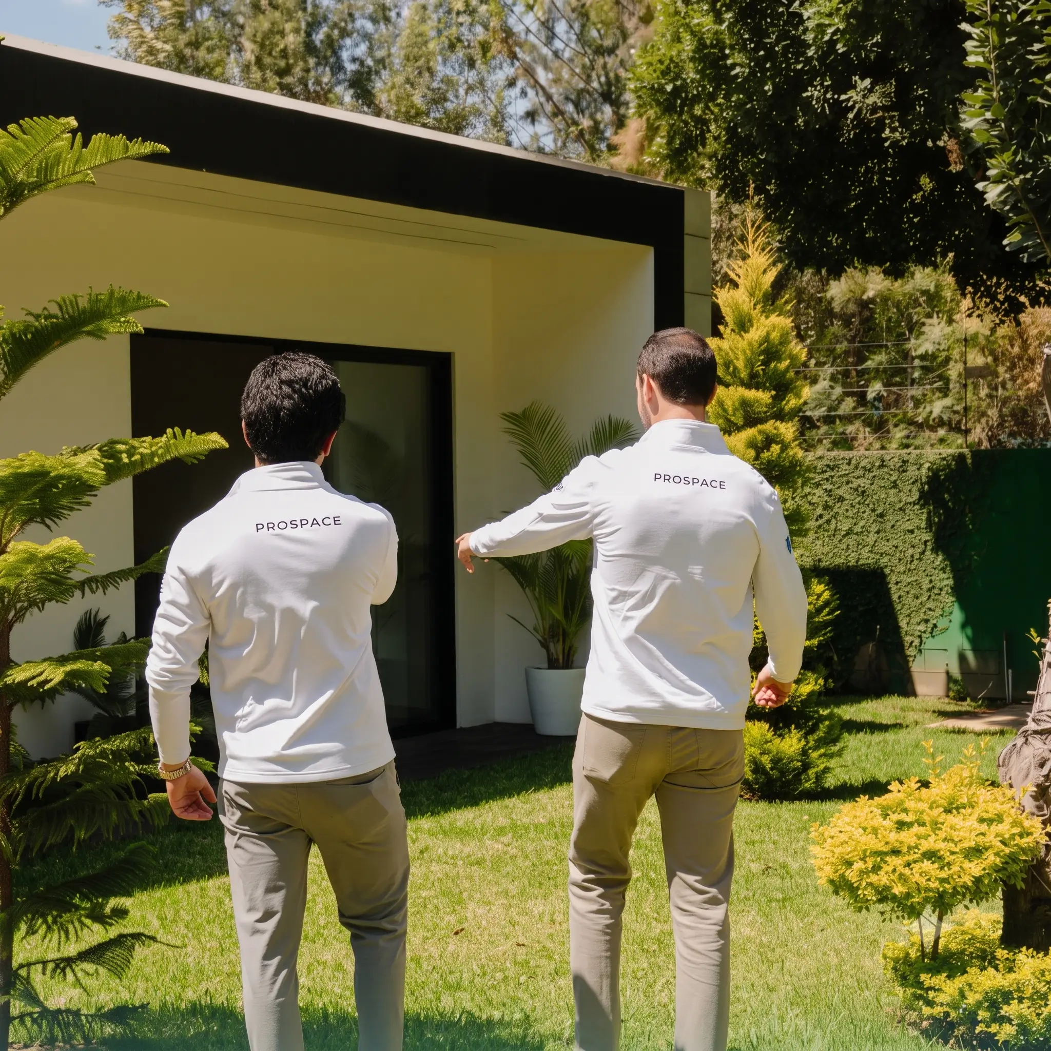 Dos hombres con camisas blancas con logo Prospace caminando hacia una entrada moderna en un jardín.