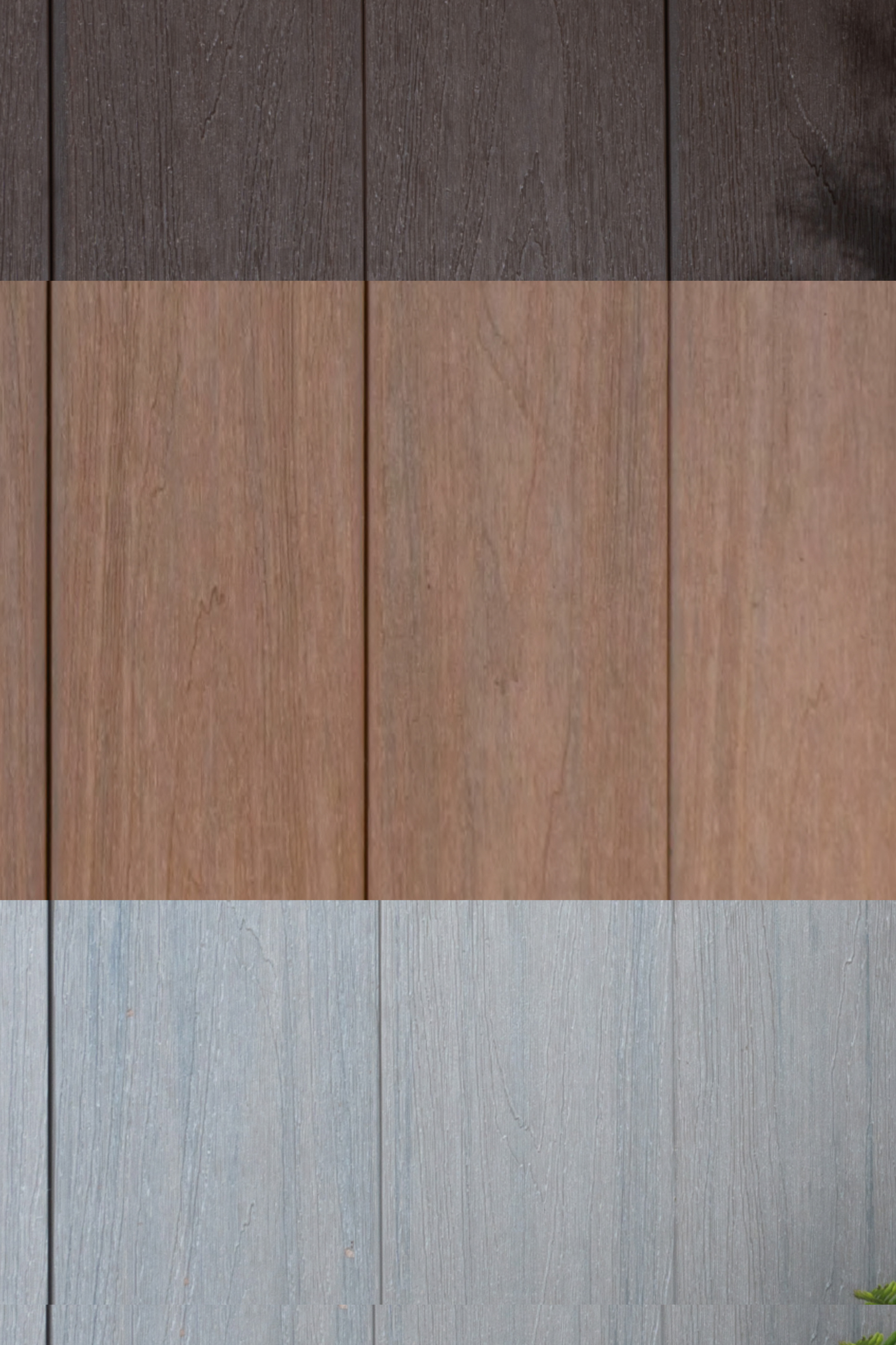 Muestra de paneles de madera en tres tonos: oscuro, café claro y gris claro.